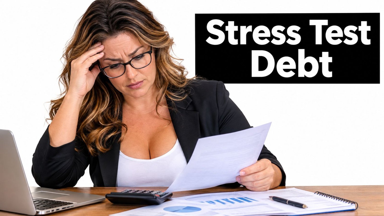 A stressed woman wearing glasses sits at a desk looking at financial documents and a calculator.