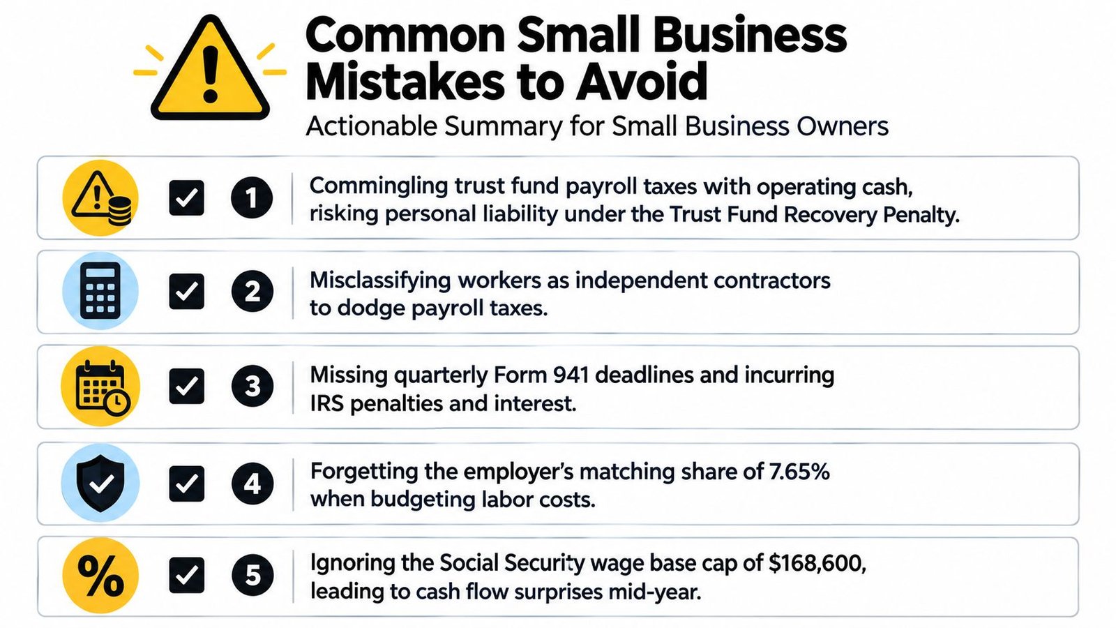 A list of five common small business payroll mistakes to avoid, presented in a clear infographic format.