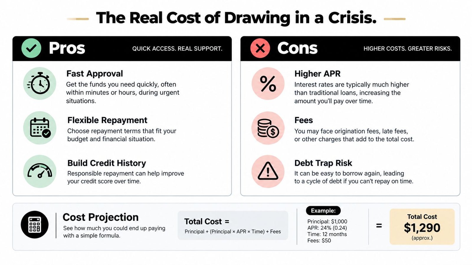 An infographic titled The Real Cost of Drawing in a Crisis comparing pros and cons of emergency loans.