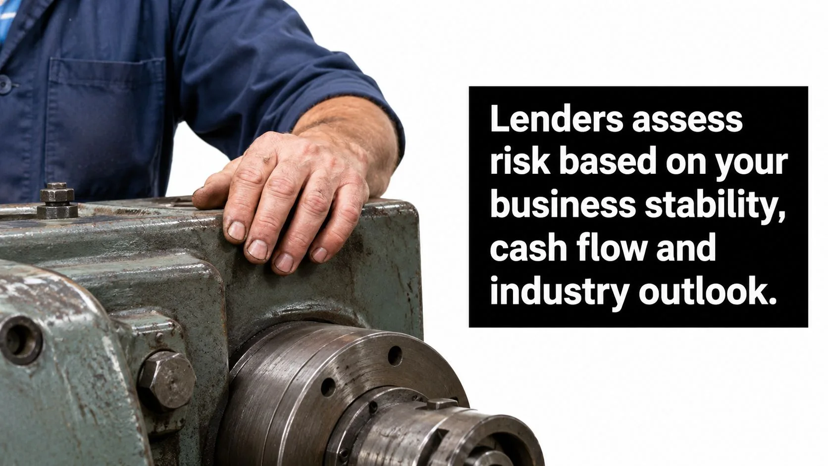 A close-up of a worker's hand on industrial machinery with text about business lending risk assessment.