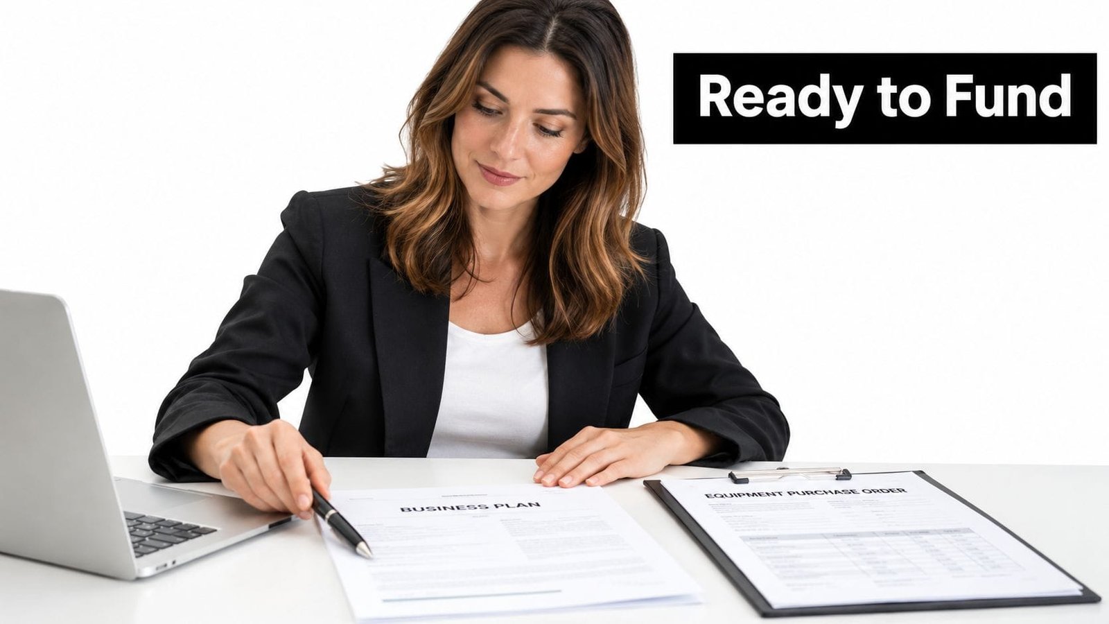 A professional woman in a business suit reviewing business plan documents and equipment purchase orders at her desk.