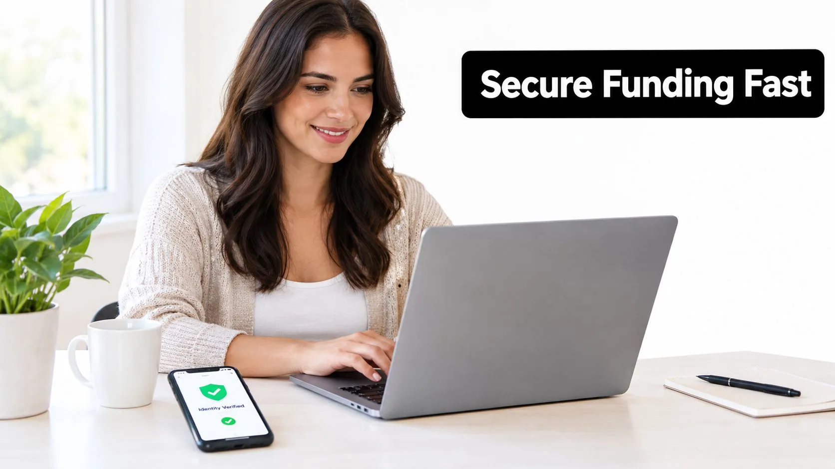 A smiling woman sitting at a desk while using a laptop and a phone with identity verification.