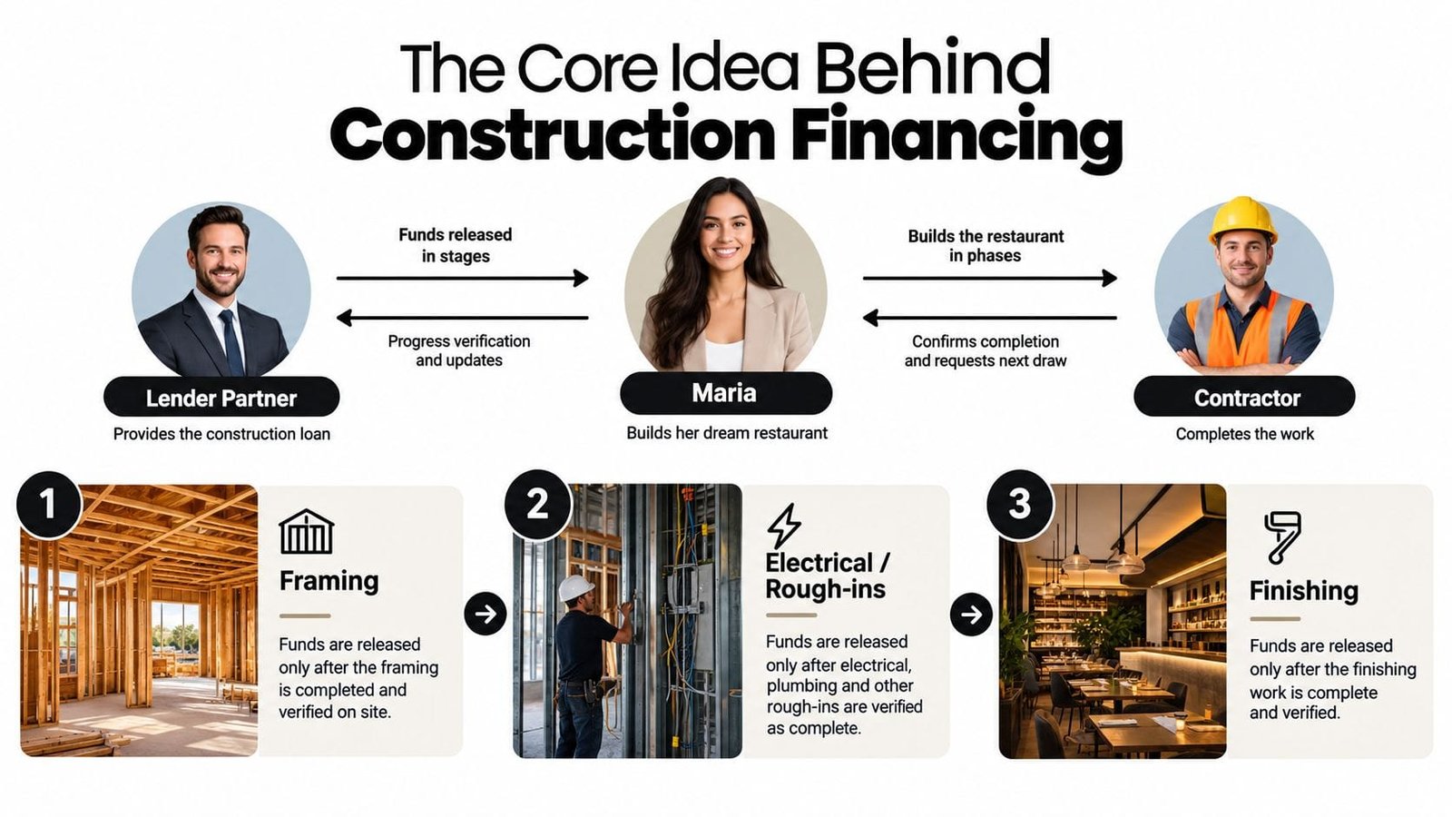 An infographic explaining the phased construction financing process between a lender, the business owner, and a contractor.