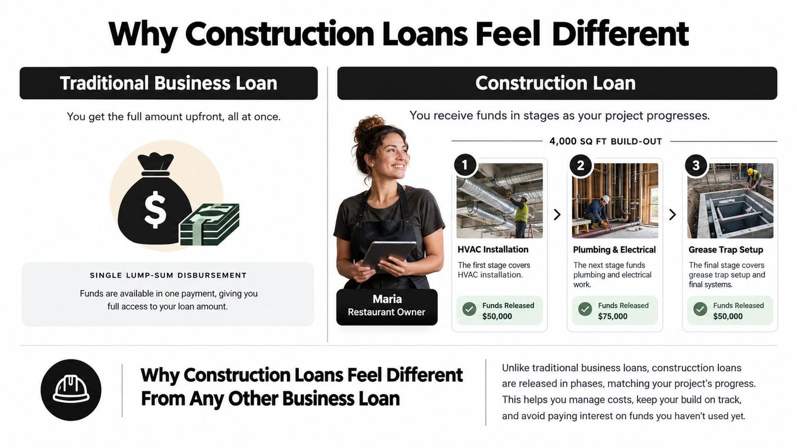 A comparison infographic explaining how traditional business loans differ from staged disbursement construction loans for a restaurant project.