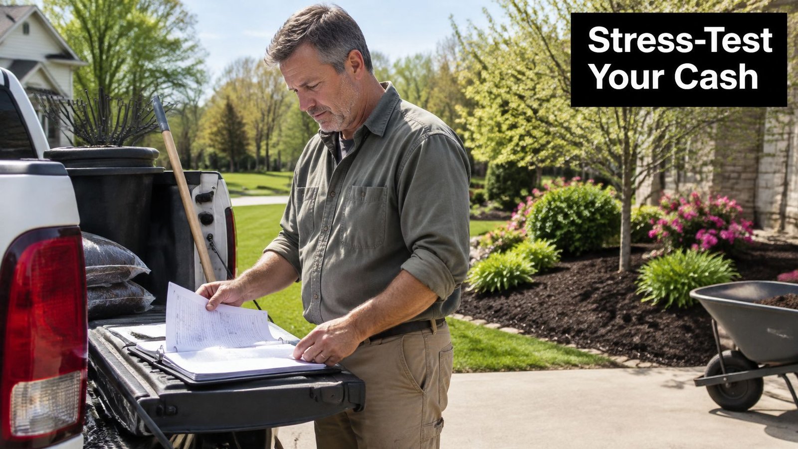 A man reviewing financial documents on the tailgate of his pickup truck in a residential driveway.