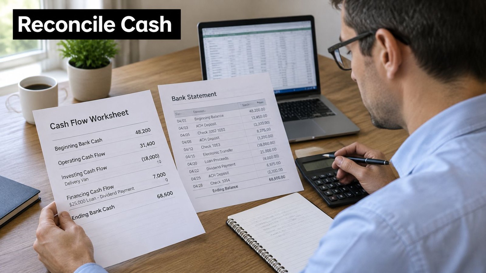 A professional analyzing financial documents including a cash flow worksheet and bank statement at a desk.
