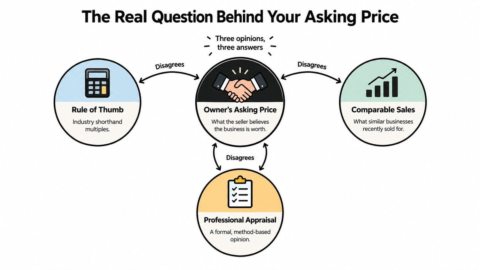 A diagram illustrating the conflict between owner asking price, rule of thumb, comparable sales, and professional appraisal.