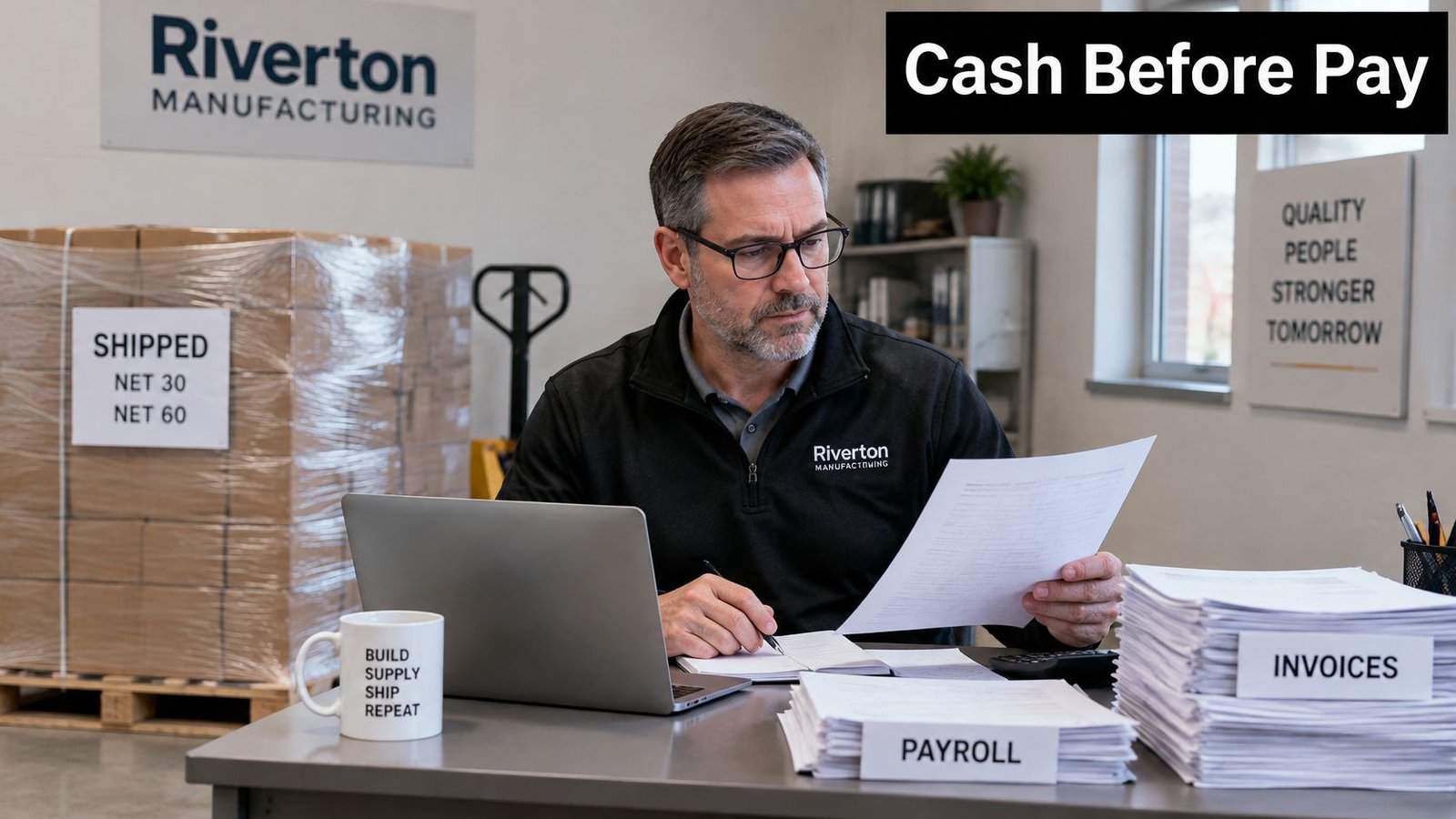 A professional man at a desk working on paperwork and invoices in an office setting.