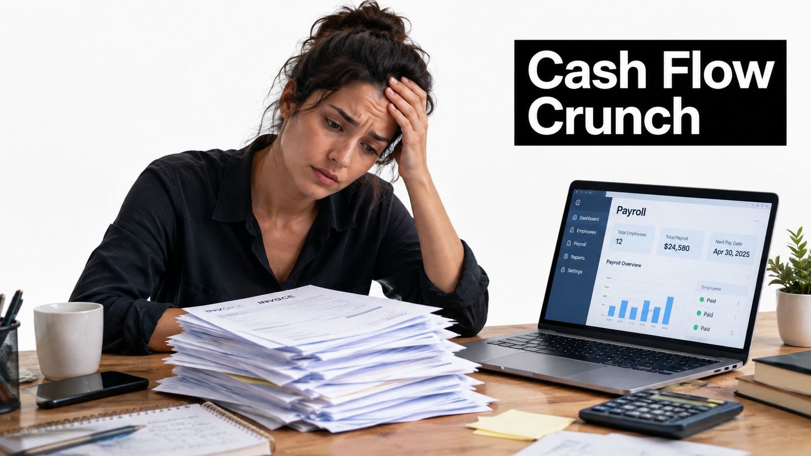 A stressed woman sitting at a desk with a large stack of invoices and a payroll laptop.