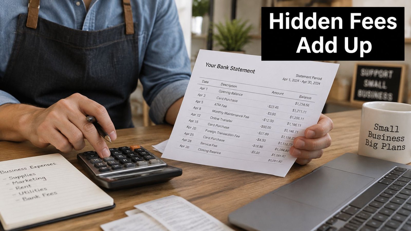 A small business owner calculating expenses while reviewing a bank statement with various service fees listed.