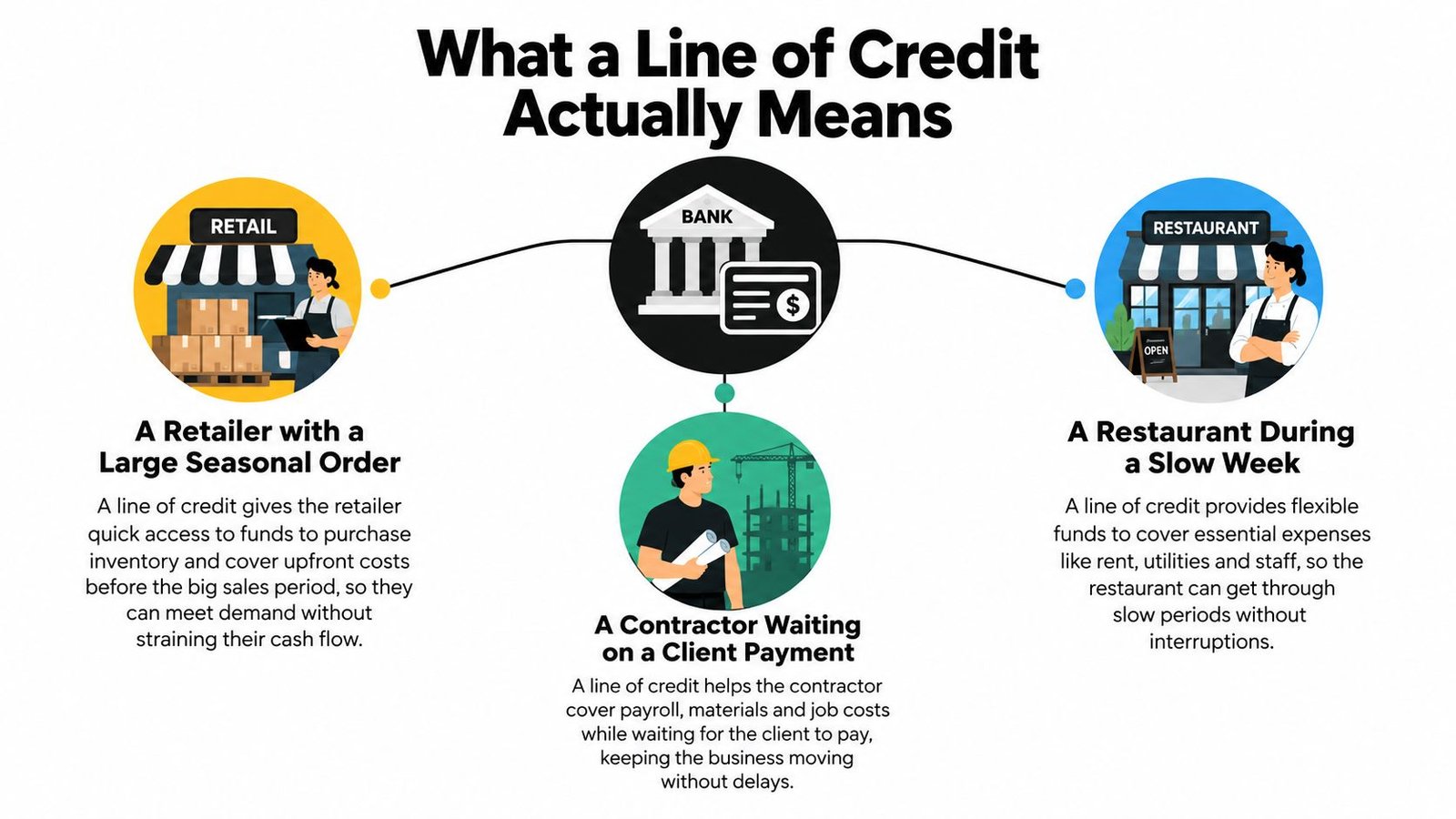 An infographic illustrating how retail, contractor, and restaurant businesses use a line of credit for financial flexibility.