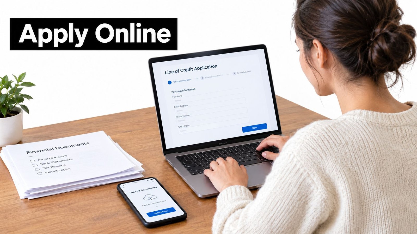 A person using a laptop to complete an online line of credit application with financial documents nearby.