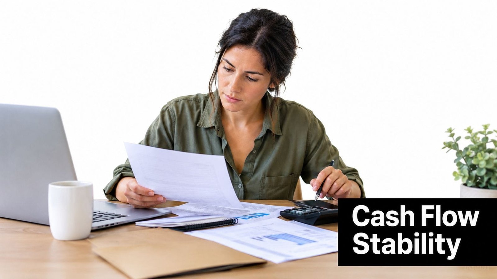 A woman reviewing financial documents with a laptop and calculator while focusing on cash flow stability.