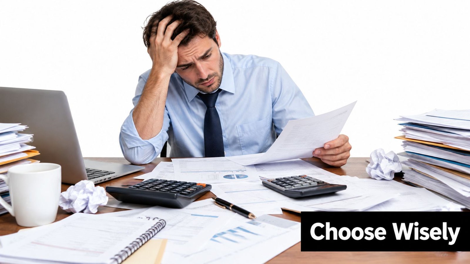A stressed businessman analyzing complex financial documents at his cluttered office desk with calculators and paperwork.
