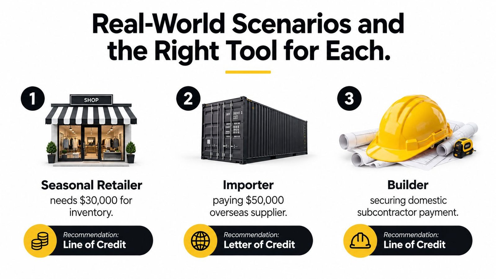 A visual comparison infographic showing business scenarios for using a line of credit versus a letter of credit.