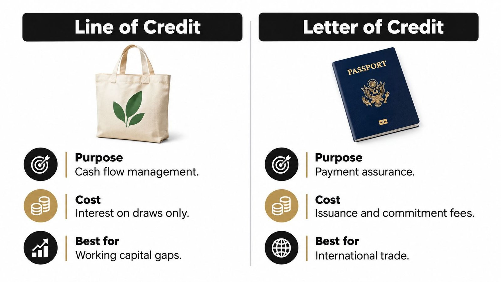 A comparison chart showing the differences between a line of credit and a letter of credit.
