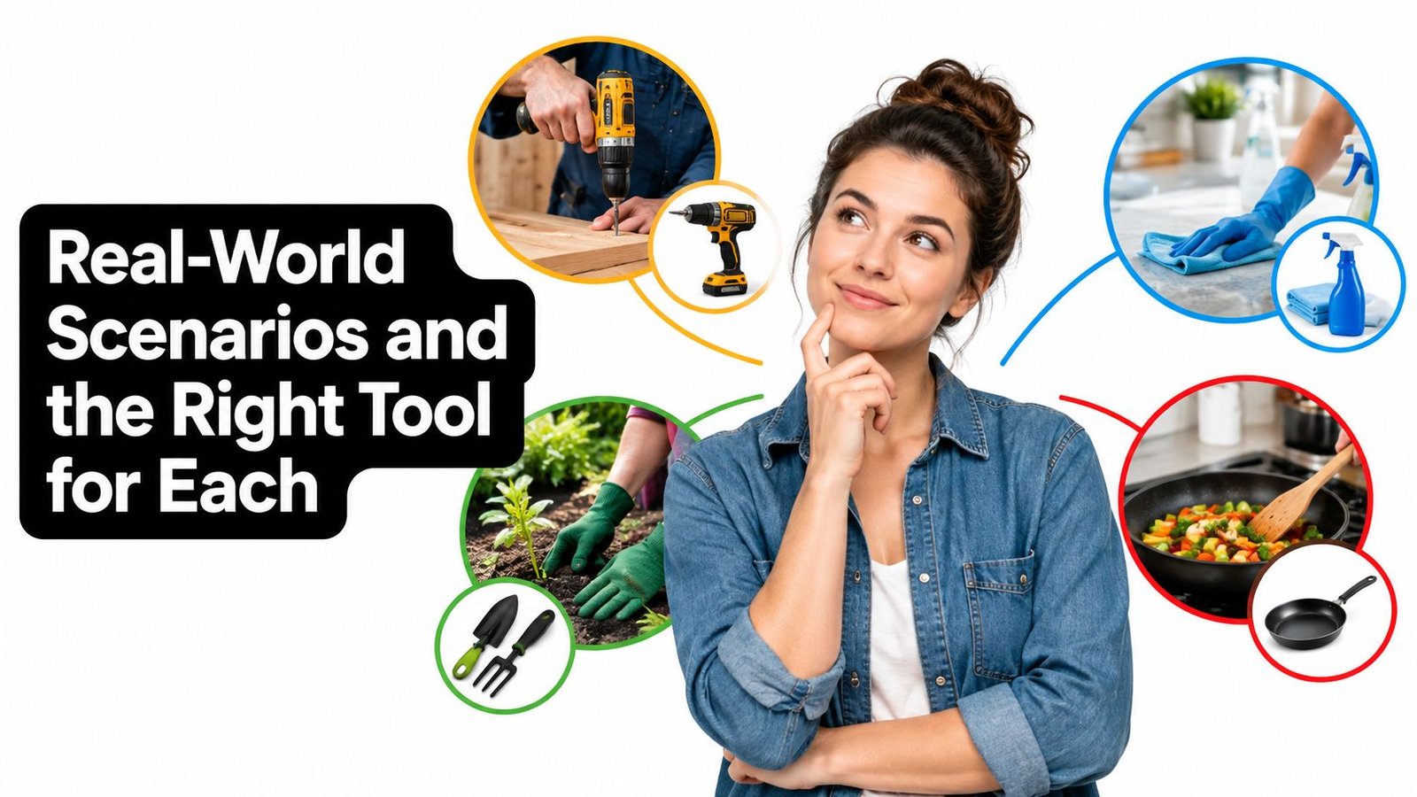 A woman thinking about choosing the right tools for various tasks like construction, cleaning, gardening, and cooking.