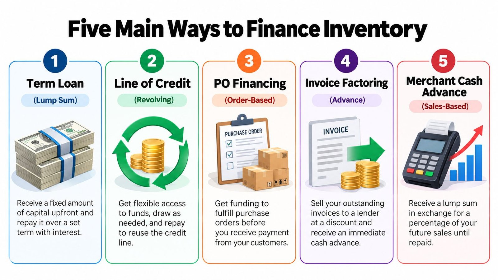 An infographic showing five main ways to finance inventory including term loans, lines of credit, and merchant cash advances.