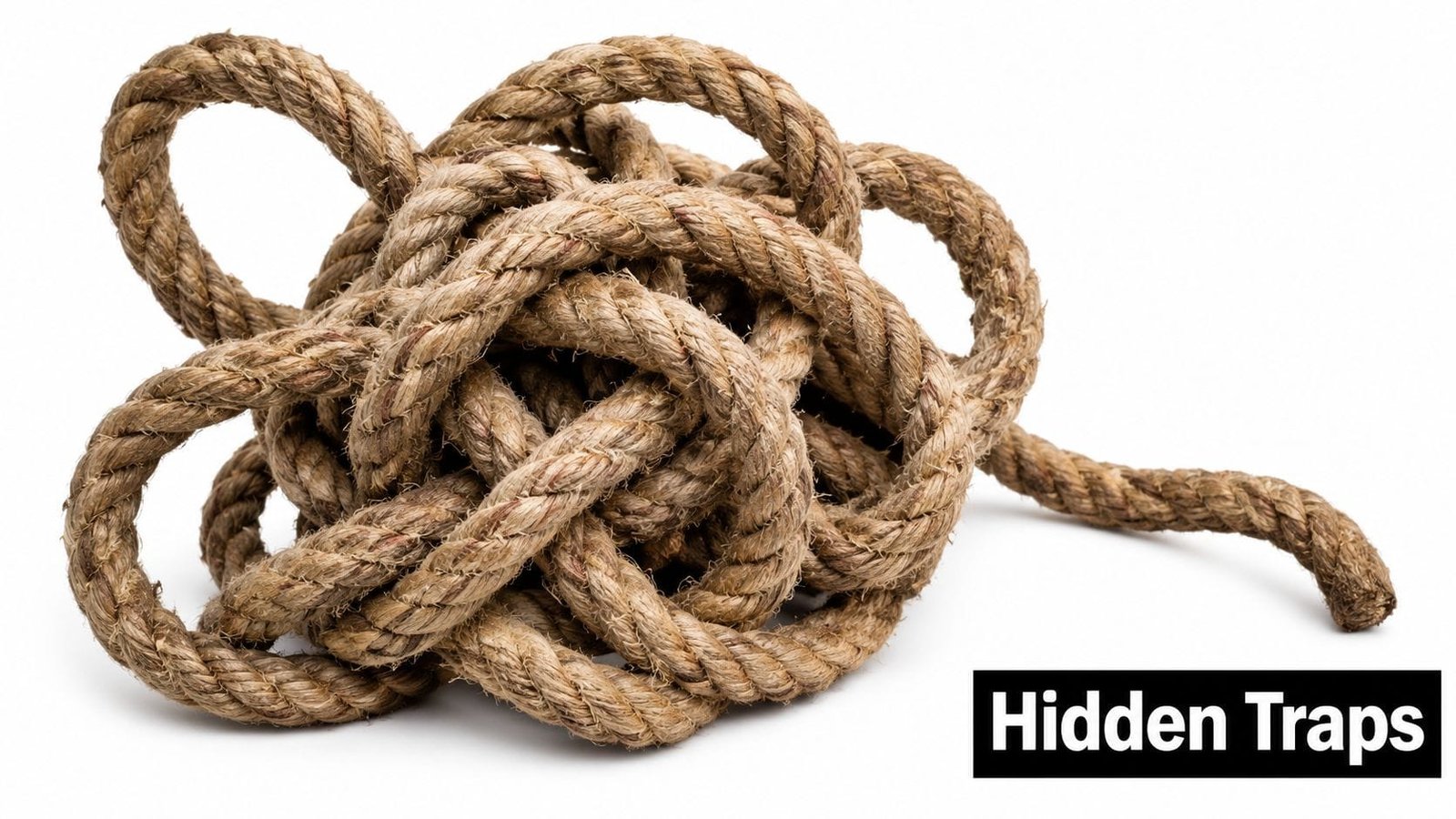 A large, thick, brown tangled rope lying on a plain white background, symbolizing hidden financial complexity.