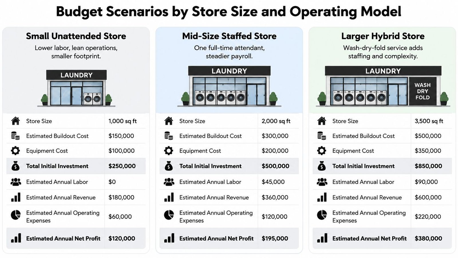 A comparison chart showing budget scenarios for small, mid-size, and large laundromat business models including costs and profits.