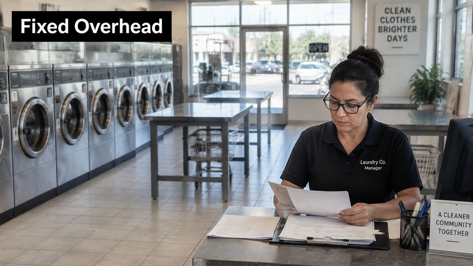 A laundromat manager reviewing financial documents while sitting at a desk inside a modern laundry facility.