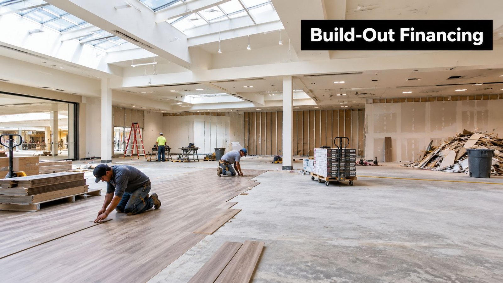 Two construction workers installing wood flooring inside a large, open retail space undergoing renovation.