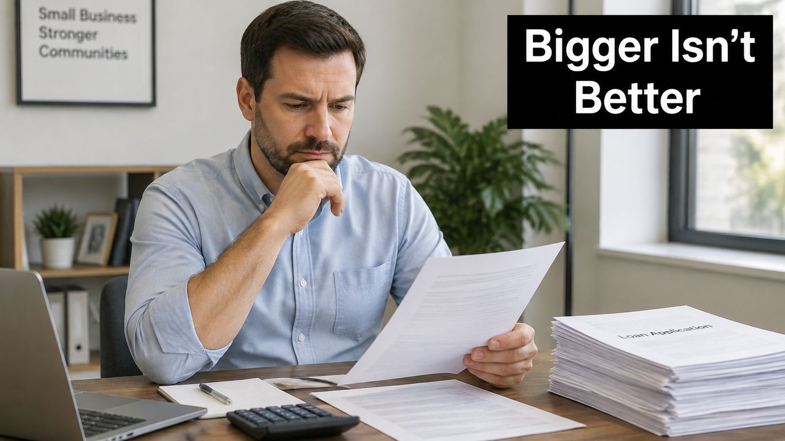 A focused man sitting at a desk reviewing a loan application document in a professional office setting.