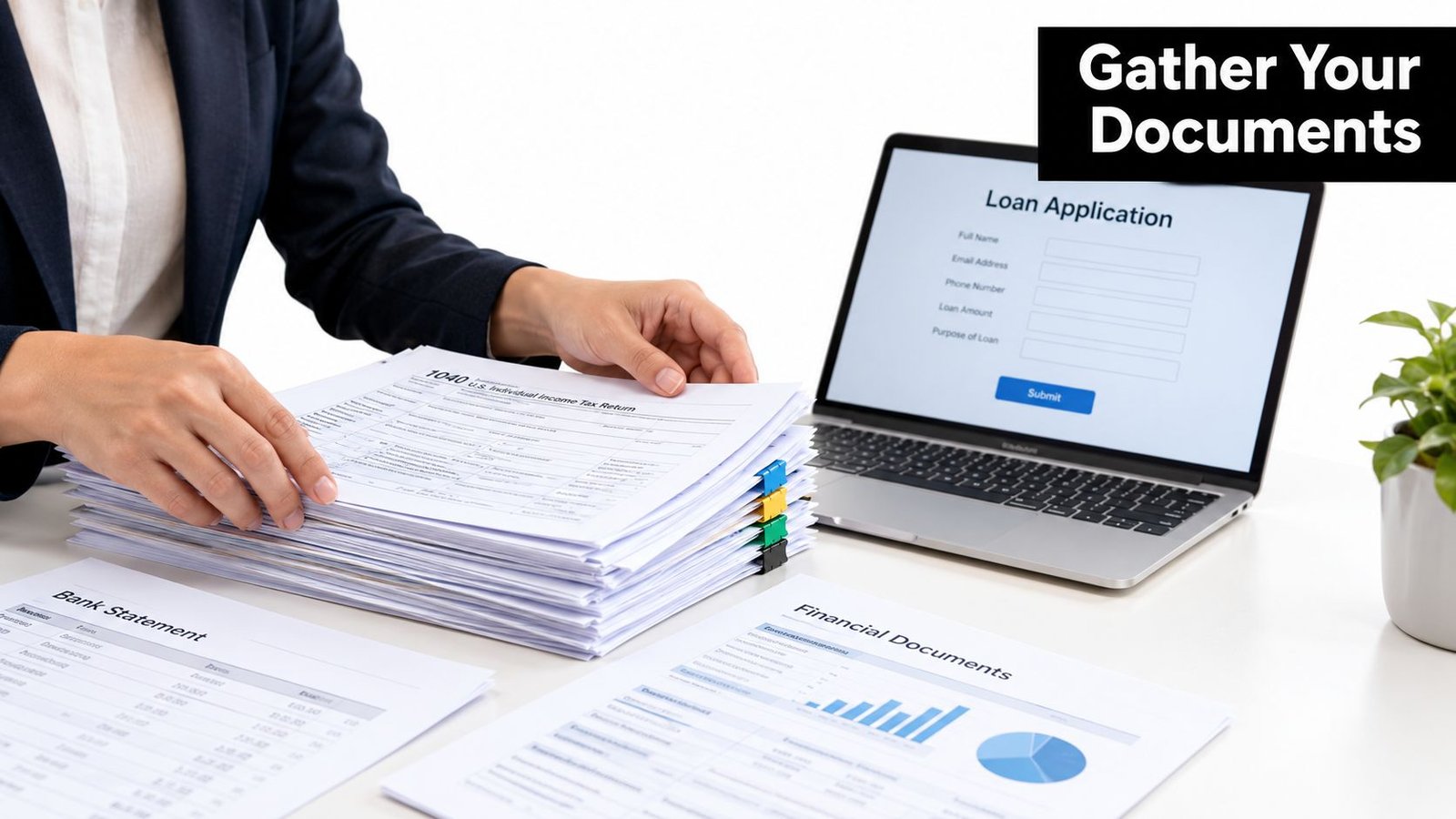 A professional organizing tax returns, bank statements, and financial documents to complete a loan application online.