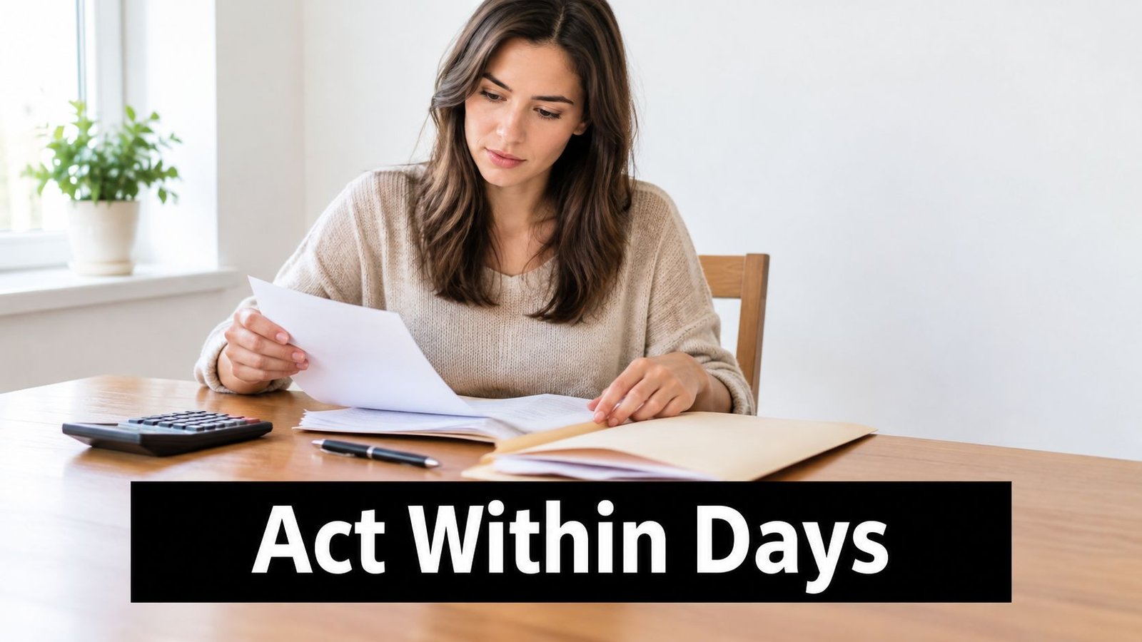 A woman reviewing documents at a wooden table, emphasizing the importance of acting within a timeframe.