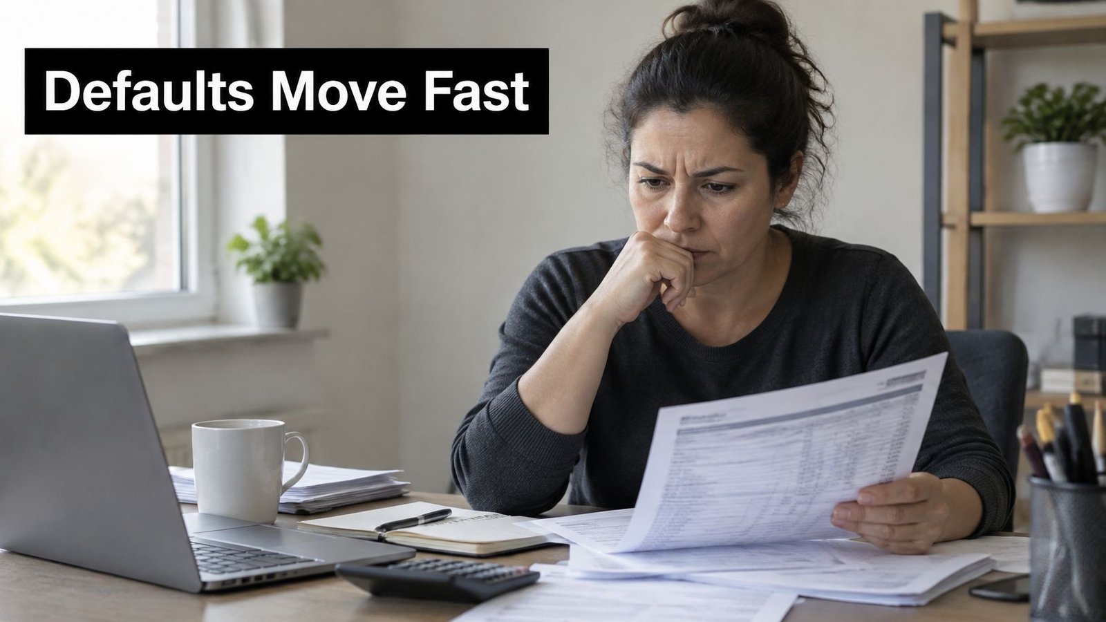 A concerned woman analyzing financial documents at her desk while working on a laptop at home.