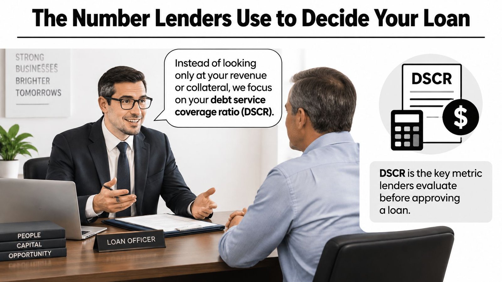 A loan officer explaining the importance of the debt service coverage ratio to a potential borrower.