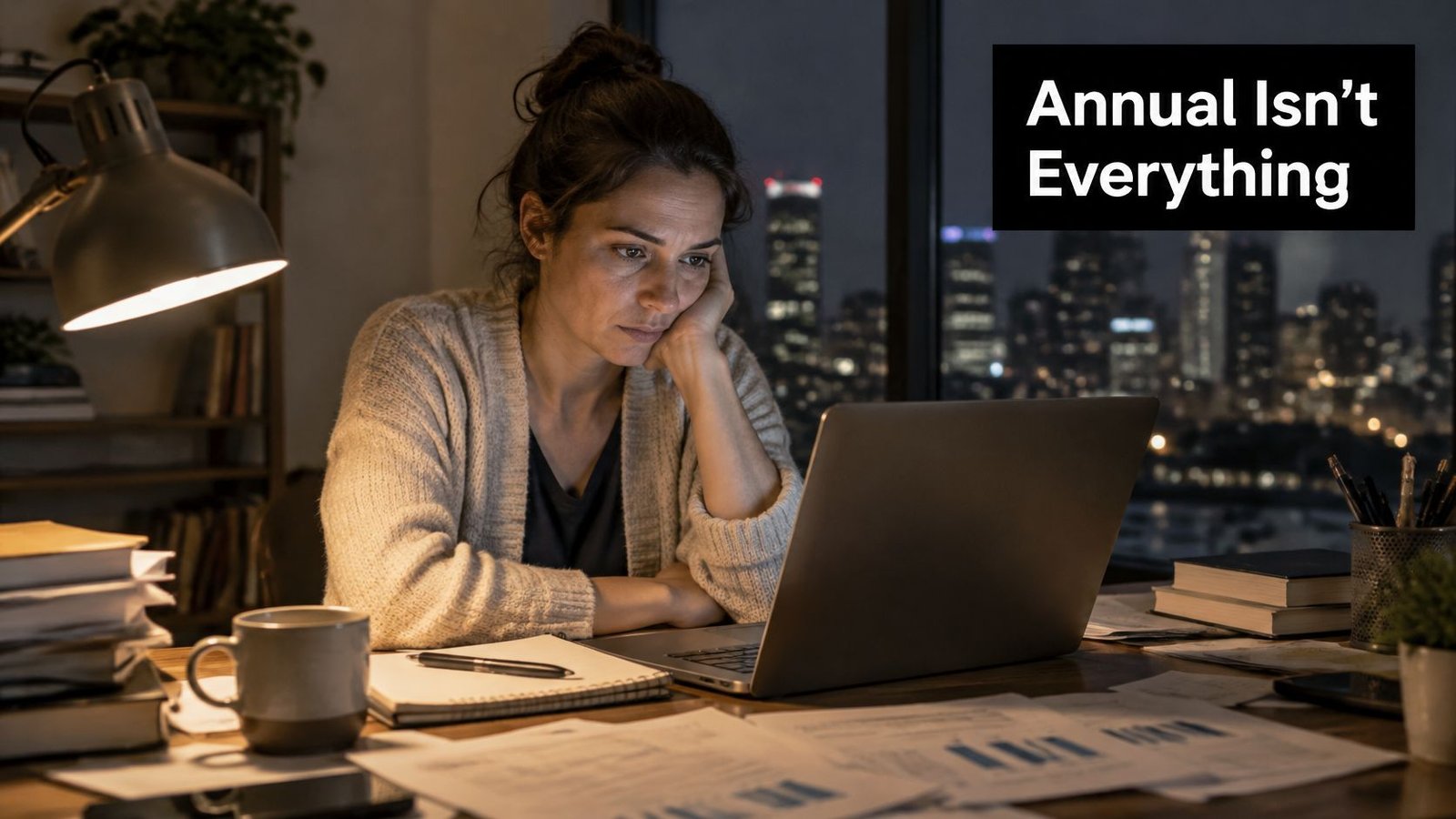 A tired woman working late at night on a laptop with documents scattered across her wooden desk.