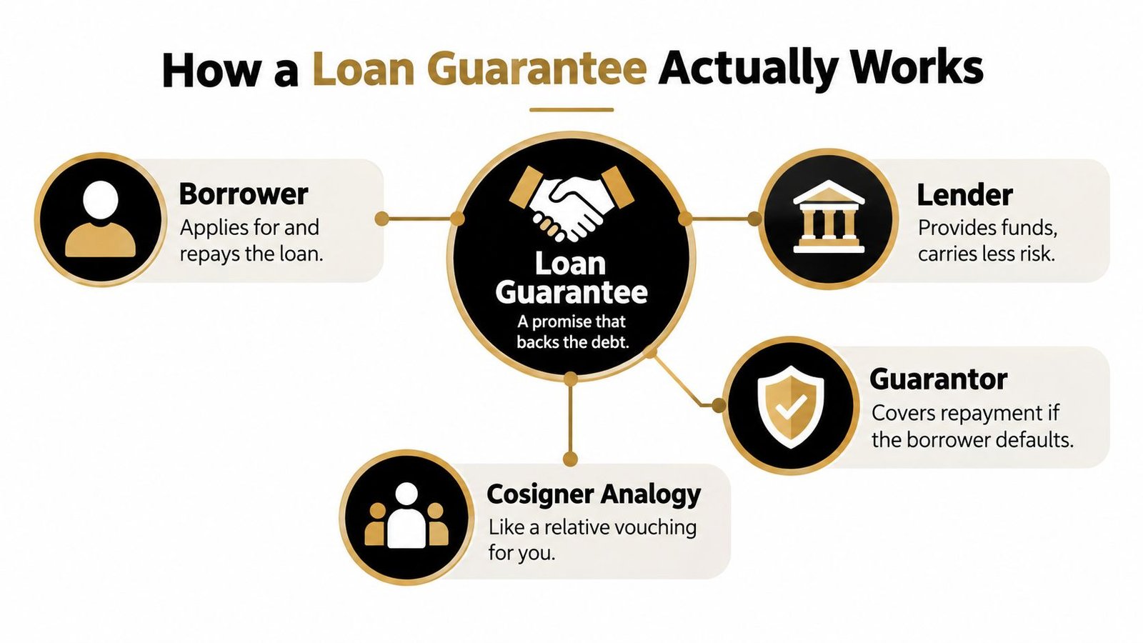 A diagram explaining how a loan guarantee works, showing the roles of the borrower, lender, and guarantor.