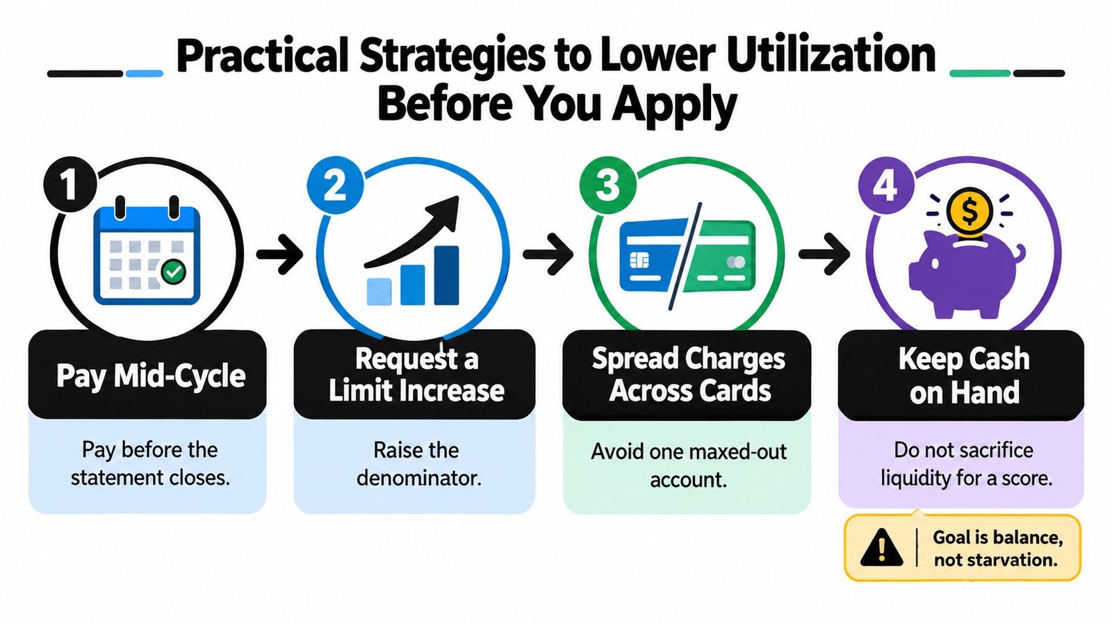 A four-step infographic illustrating practical strategies to lower credit utilization ratios before applying for new credit.