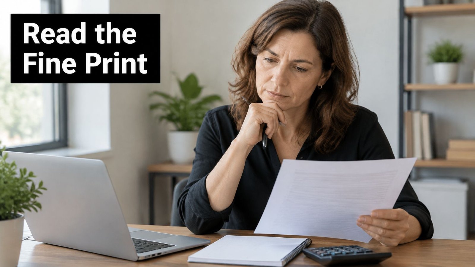 A woman in a black shirt sitting at her desk reviewing business documents and financial statements.