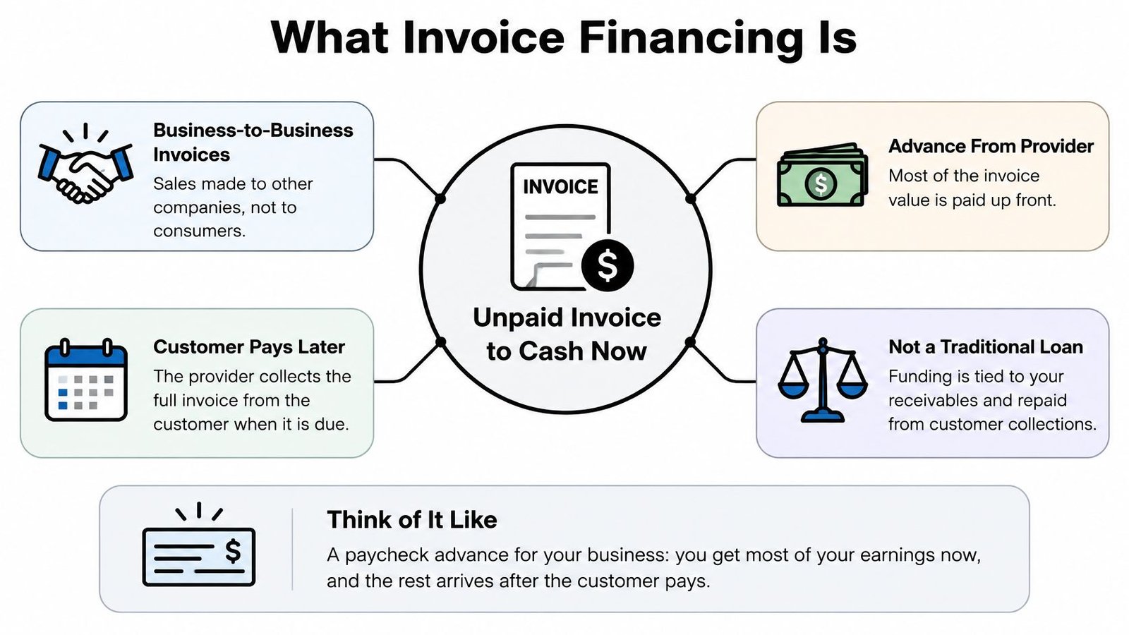 An infographic titled What Invoice Financing Is, explaining how businesses receive upfront cash for unpaid invoices.