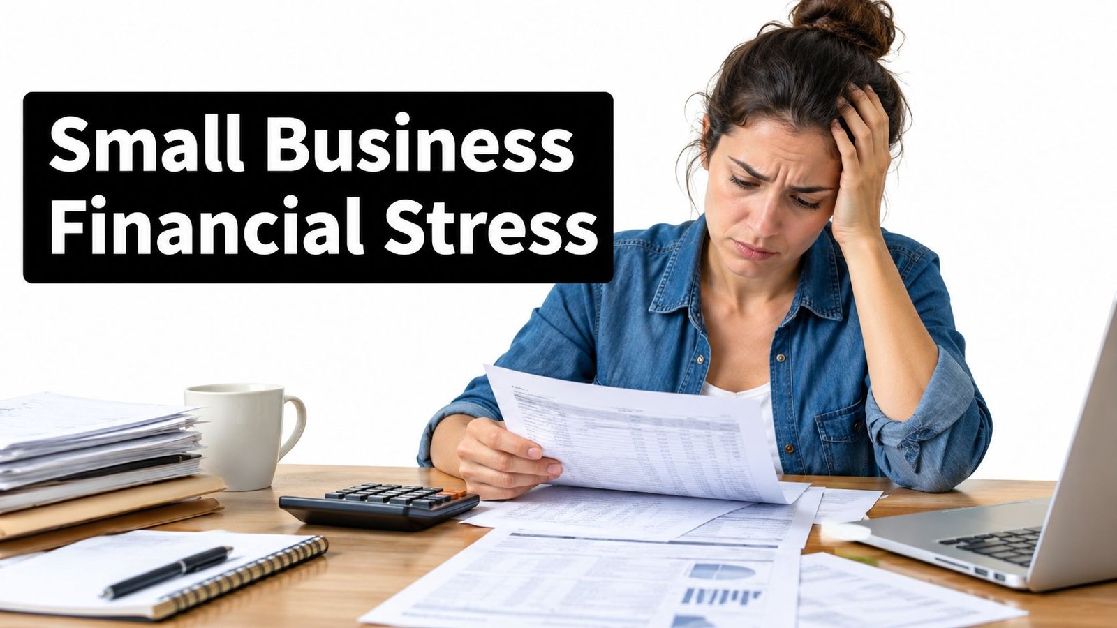 A stressed woman sitting at a desk reviewing financial documents for her small business financial management.